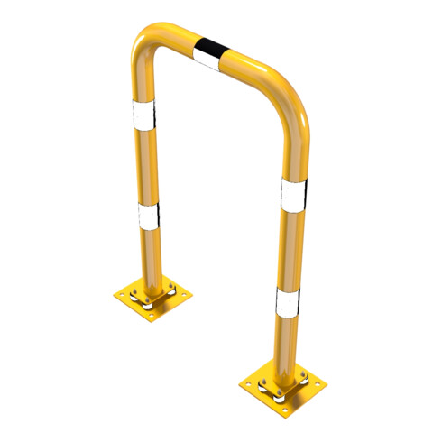 Schake Schutzbügel Ø76 mm, Breite 750 mm, Höhe über Flur 1150 mm, gelb / schwarz, elastisch neigbar + Bodenplatte 220x220mm