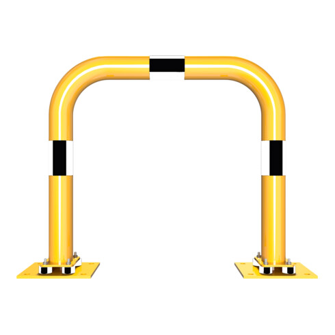 Schake Schutzbügel Ø76 mm, Breite 750 mm, Höhe über Flur 650mm, gelb / schwarz, elastisch neigbar + Bodenplatte 220x220mm