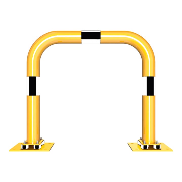 Schake Schutzbügel Ø76 mm, Breite 750 mm, Höhe über Flur 650mm, gelb / schwarz, elastisch neigbar + Bodenplatte 220x220mm