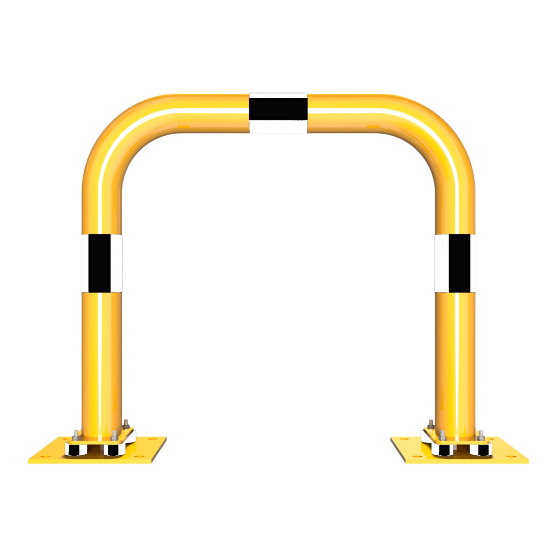 Schake Schutzbügel Ø76 mm, Breite 750 mm, Höhe über Flur 650mm, gelb / schwarz, elastisch neigbar + Bodenplatte 220x220mm