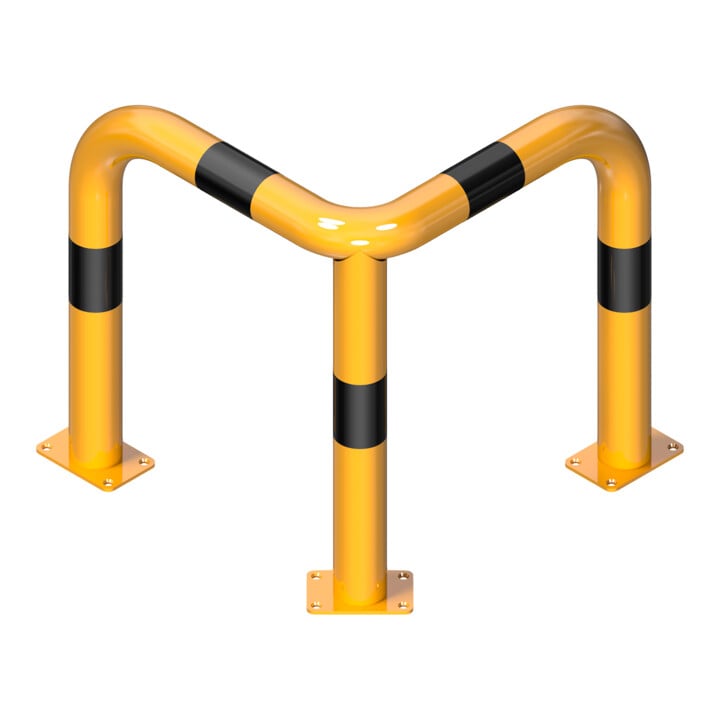 Set Schake Rammschutz, Bügel Stahlrundrohr Ø 60mm, zum Aufdübeln Bodenplatte 100x150 mm gelb pulverbeschichtet + schwarzen Streifen, Breite 400mm, Höhe 115 mm + BefestigungsschraubensatzTyp 1