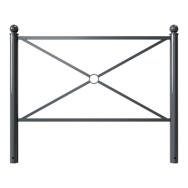 Schake Stadtbarriere "Croix de St. André" Stahl, Länge 1500mm Gesamthöhe 1300mm Pfosten Ø 76mm + Kugelkopf, Querstreben 30 x 30mm, Diagonalstreben 25 x 25mm, beschichtet