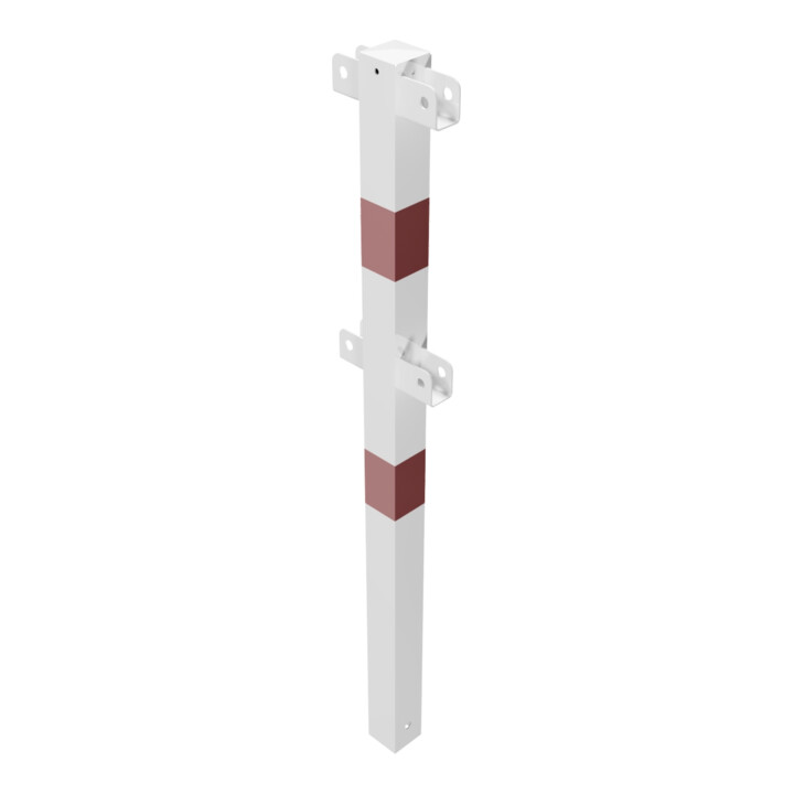 Schake Standpfosten Stahlrohr 70 x 70 mm Mittelpfosten für Ober- und Knieholm, weiß / rot +Sechskantschrauben, Mutter M16x60 + Schutzkappen.
