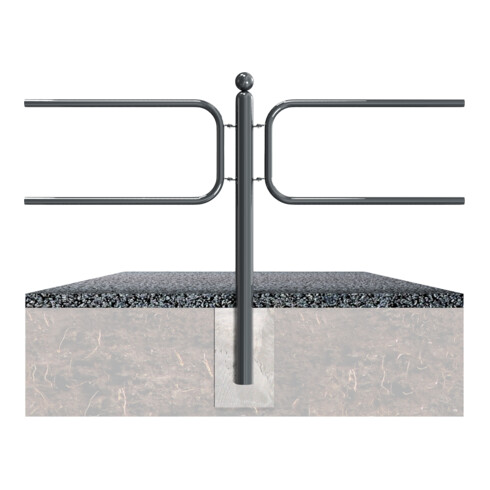 Schake Stilpfosten Typ 40674B als Barriere, System zum Einbetonieren, Ø 60mm + Kugelkopf, als Mittelpfosten, Muffen180°, beschichtet, RAL 6005