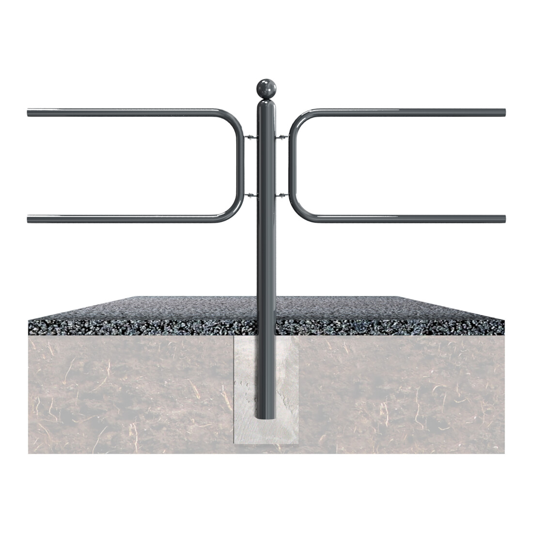 Schake Stilpfosten Typ 40674B als Barriere, System zum Einbetonieren, Ø 60mm + Kugelkopf, als Mittelpfosten, Muffen180°, beschichtet, RAL 6005