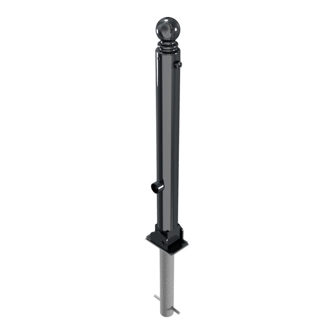 Schake Stilpoller Typ 485FUHB, umlegbar + Dreikantverschluß, zum Einbetonieren, Ø 82mm + Kugelkopf, beschichtet, mattschwarz