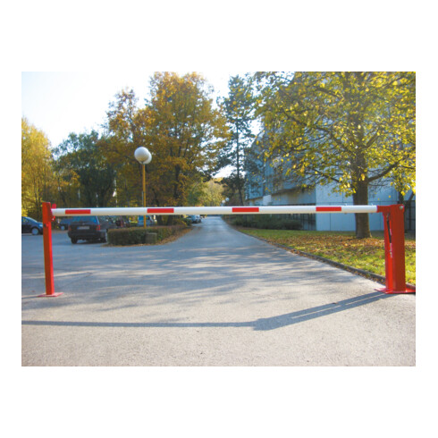 Schake Wegeschranken 4m + fester Auflagestütze, Bodenplatte zum Aufdübeln, für Vorhangschloß Stahlkonstruktion 120x80mm