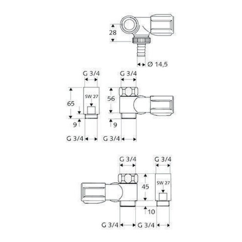 Schell NA-Ventil COMFORT chrom, für Wandbatterien, 3/4" Anschluss rechts, 56 mm