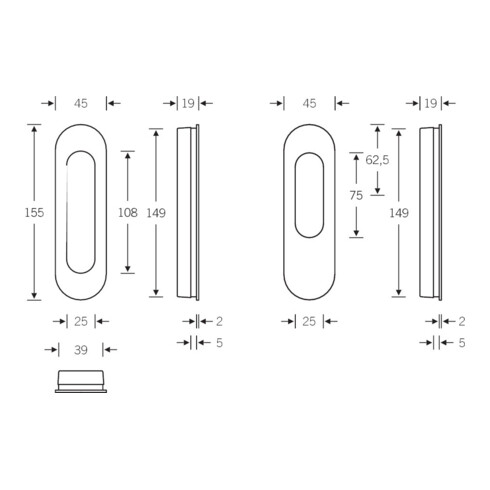 Schiebetürmuschel 4250 001 blind L.155mm B.45mm Alu. 0105 ov. EL.-T. 18,5mm FSB