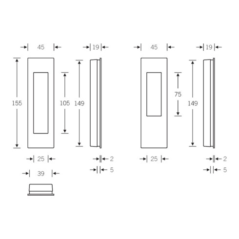 Schiebetürmuschel 4251 001 blind L.155mm B.45mm VA 6204 ktg. EL.-T. 18,5mm FSB