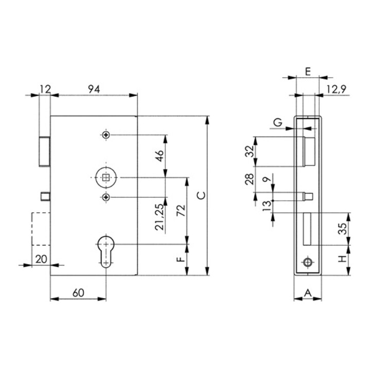 Schlosskasten 140PS DIN Rechts Maß A40xBxC173mm Maß E 33mm Dornm.60mm AMF