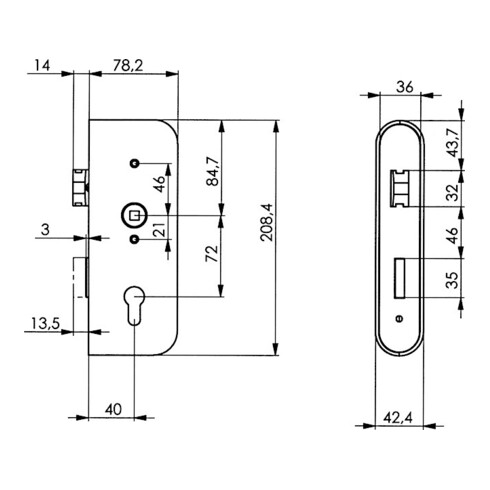 Schlosskasten 141ENIG-42PZ DIN L/R Maß A 42,4 Maß B 78,2 Maß C 208,4mm AMF