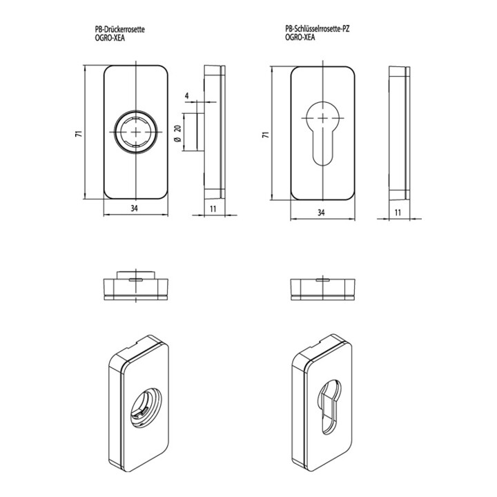 Schlüsselrosette XEA 6676 PZ ER VA ER Schildst.9mm PZ eck.OGRO