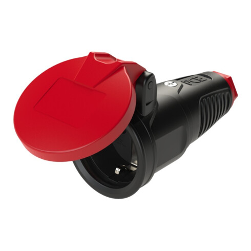 Schutzkontaktkupplung IP54 en caoutchouc plein + couvercle rabattable 16A / 250V AC / 3p (2P+E)