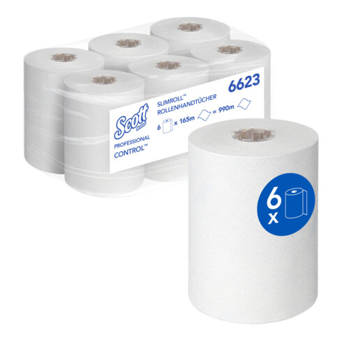 Scott Control Slimroll Rollenhandtücher, 6 x 165m lange, weiße, 1-lagige Rollen