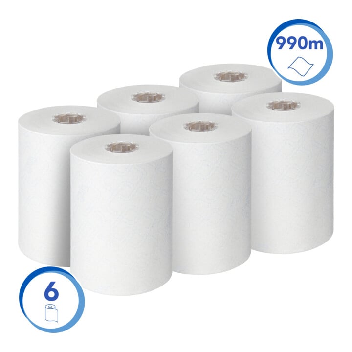 Scott Control Slimroll Rollenhandtücher, 6 x 165m lange, weiße, 1-lagige Rollen