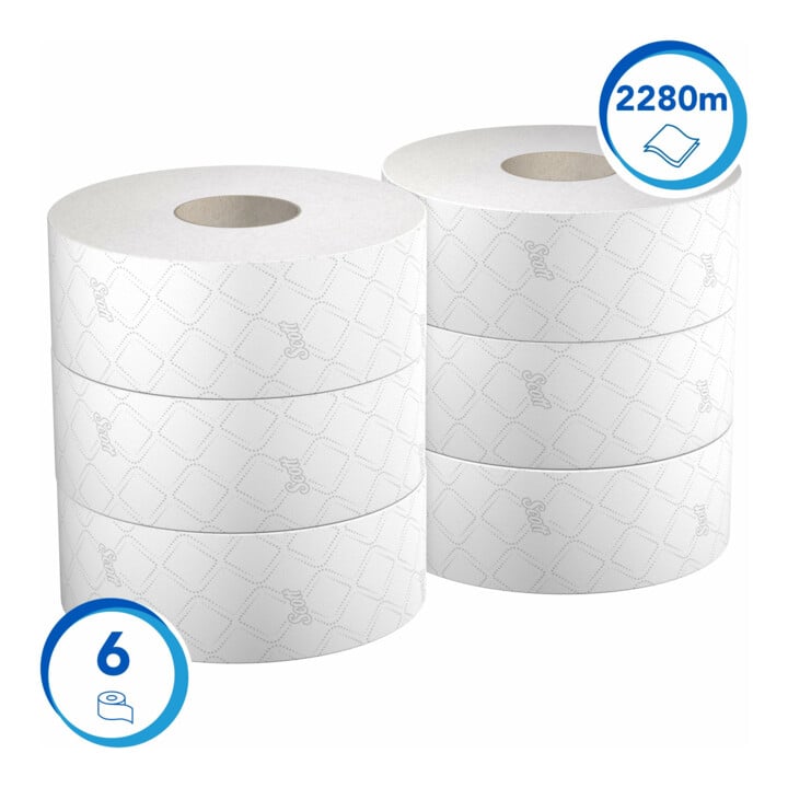 Scott Essential Jumbo Toilettenpapierrolle, 6 Rollen x 380m Blatt 2-lagigen Toilettenpapiers