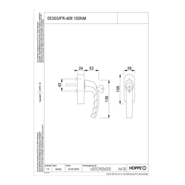 SecuSignal-eFenstergriff Atlanta 0530S/FR-408 100NM VK7mm F9 Alu Stahl abschließ