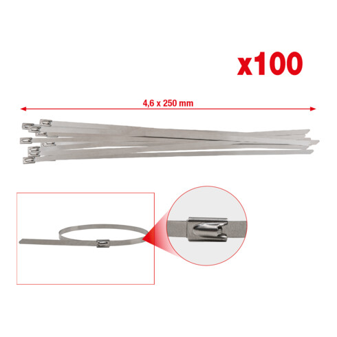 Serre-câbles en inox KS Tools avec fermeture à bille, 100 pièces