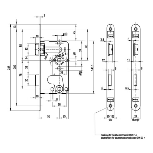 Serrure à mortaiser pour porte de chambre BAD 20/ 55/78/8mm DIN L argent rd Kl 1