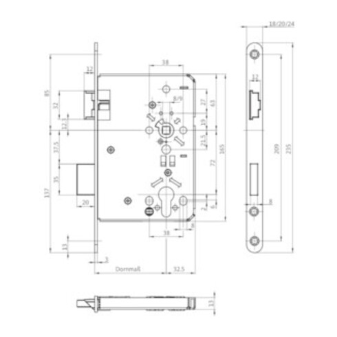 Serrure à mortaiser pour porte de chambre BAD 20/ 55/78/8mm DIN R argent rd Kl 3
