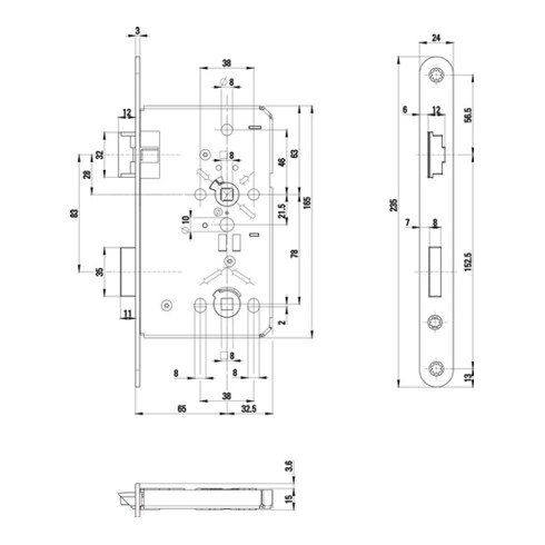 Serrure à mortaiser pour porte de chambre BAD 24/ 65/78/8mm DIN L argent rd Kl 3