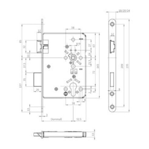 Serrure à mortaiser pour porte de chambre PZ 24/ 65/72/8mm DIN R argent rd Kl 3