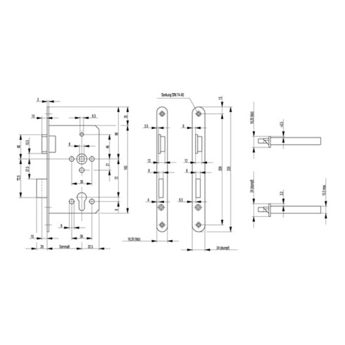 BKS ZT serrure à mortaiser 0515 PZ 20/ 55/72/8mm DIN argent Kl 3 zinc moulé sous pression