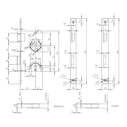 Serrure à mortaiser ZT selon DIN18251 0215 Kl.1 Bad DIN R pin 55mm Entf.78mm