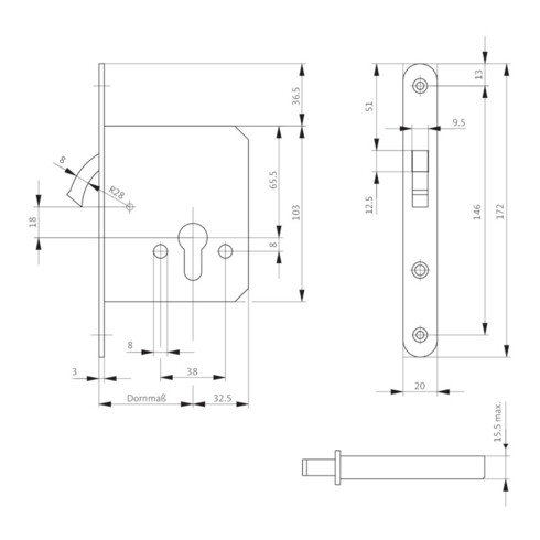 Serrure à pêne dormant circulaire 0371/0372 Circulaire r. PZ VA VA ktg. 20x172mm