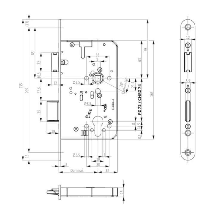 Serrure anti-panique à mortaiser Ser.23 Fkt.E 20/65/72/9mm DIN R VA