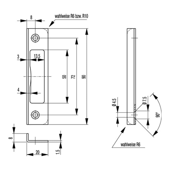 Serrure d'angle STA argent B.20 ktg.leg largeur 8mm DIN L/R