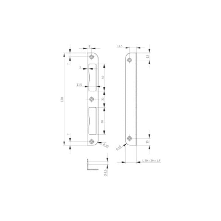 Serrure d'angle VA Angle B.20xL.170mm Largeur rd.jambe 20mm DIN L/R