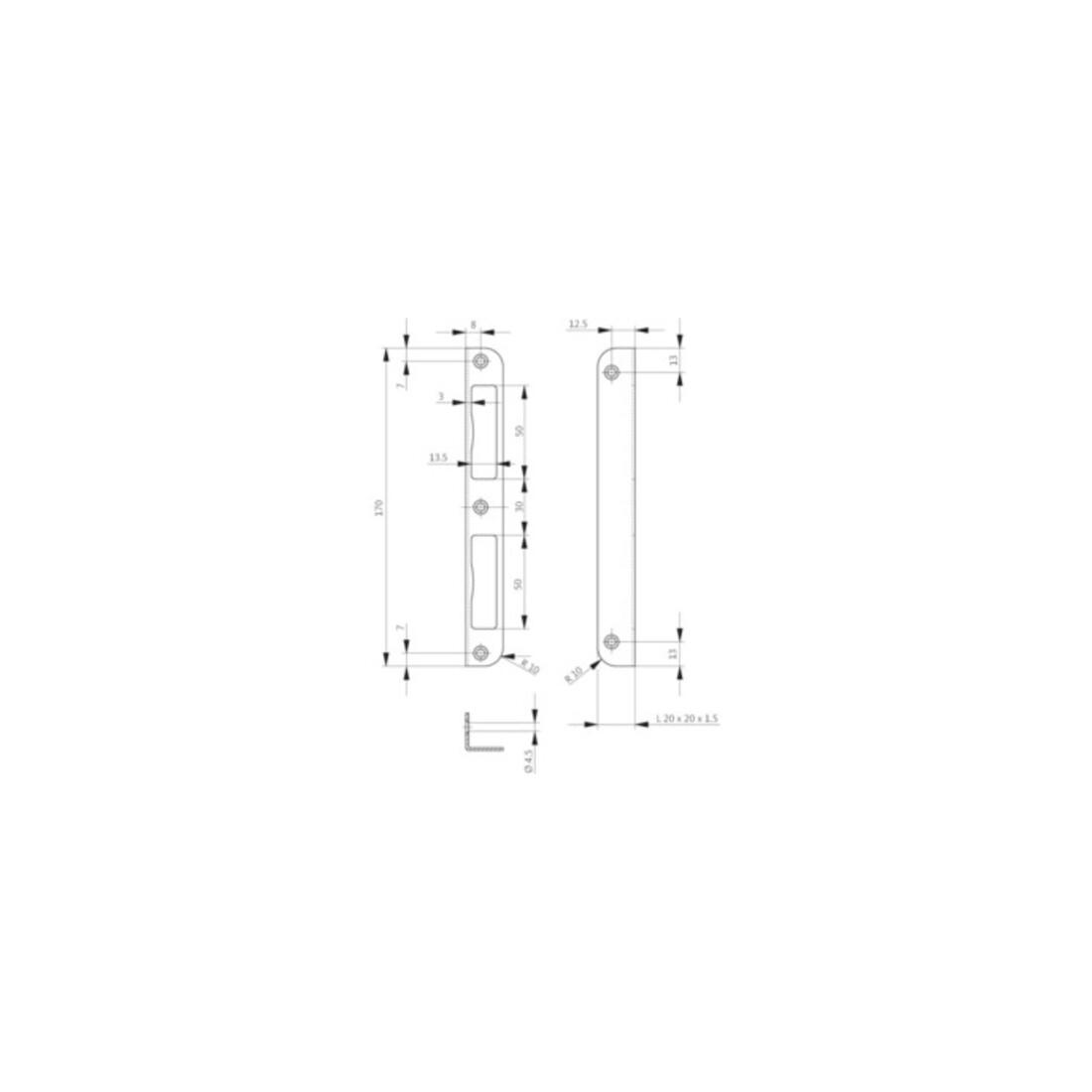 Serrure d'angle VA Angle B.20xL.170mm Largeur rd.jambe 20mm DIN L/R
