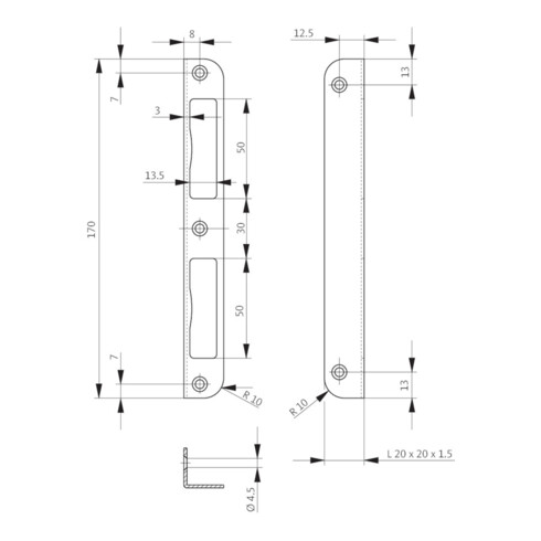 Serrure d'angle VA Angle B.20xL.170mm Largeur rd.jambe 20mm DIN L/R