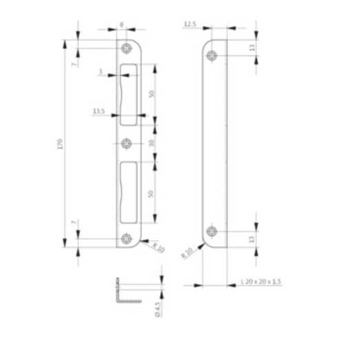 Serrure d'angle VA Angle B.20xL.170mm Largeur rd.jambe 20mm DIN L/R