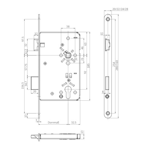 Serrure de porte avant à mortaiser 0024 PZW 20/55/92/10mm DIN R argent ktg.