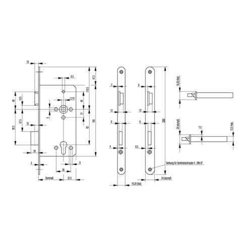 Serrure de porte avant à mortaiser 0024 PZW 22/65/92/10mm DIN R argent rd