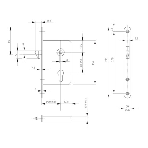Serrure encastrée pour porte coulissante BKS PZW 20/55/60/8 mm argent, angulaire longueur de la tête 205 mm