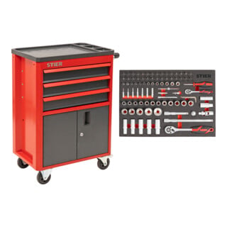 Servante d'atelier-armoire roulante STIER avec 3 tiroirs, garnie, 92 pièces