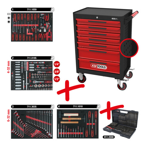 Servante d'atelier ECOline KS Tools NOIR/ROUGE avec 7 tiroirs et 515 outils d'excellente qualité