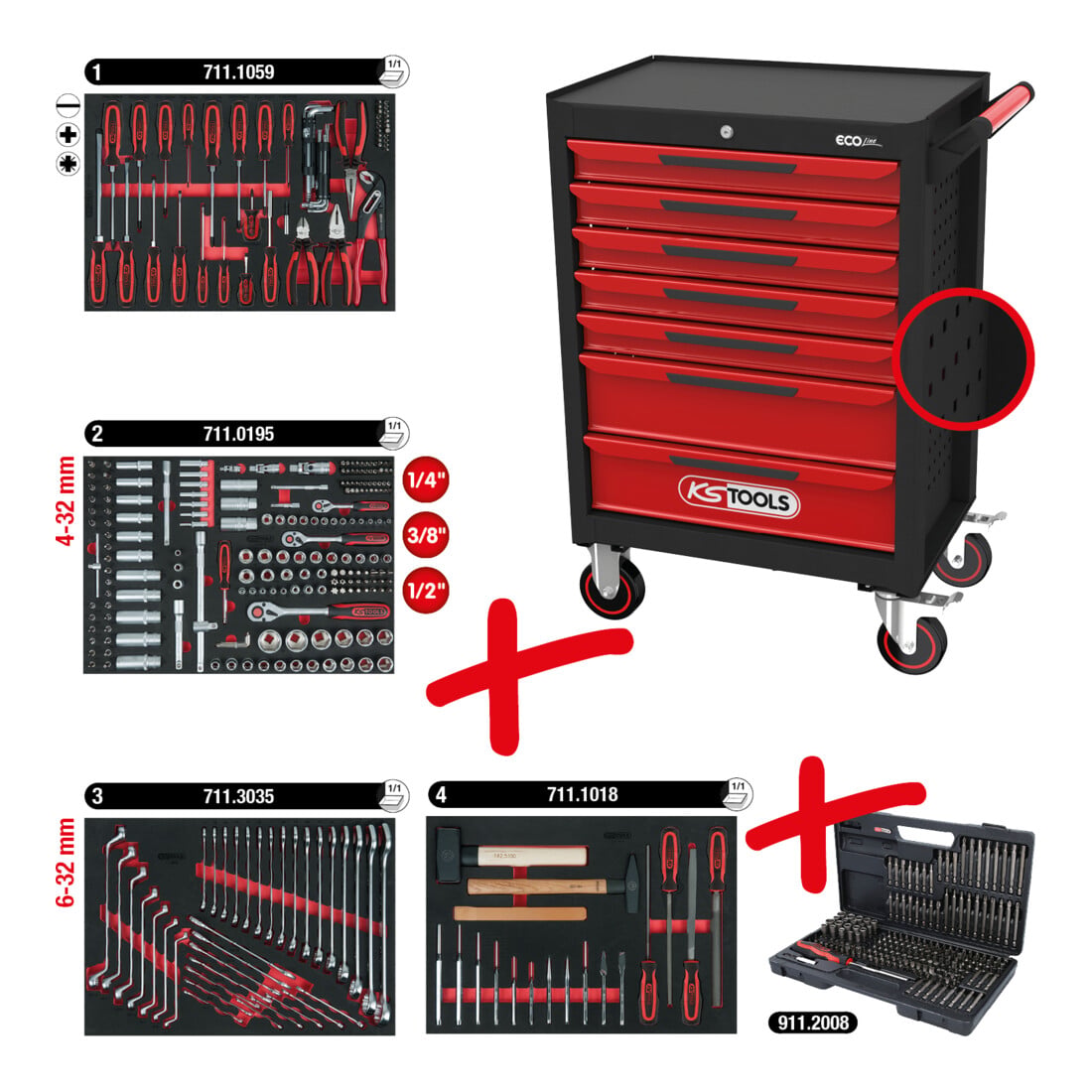 Servante d'atelier ECOline KS Tools NOIR/ROUGE avec 7 tiroirs et 515 outils d'excellente qualité