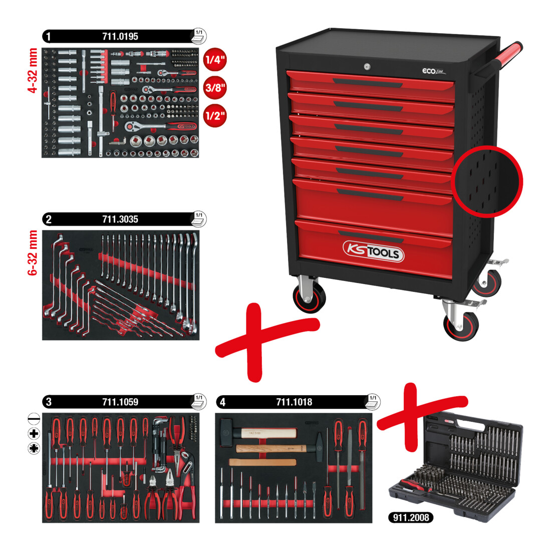 Servante d'atelier ECOline KS Tools NOIR/ROUGE avec 7 tiroirs et 515 outils d'excellente qualité