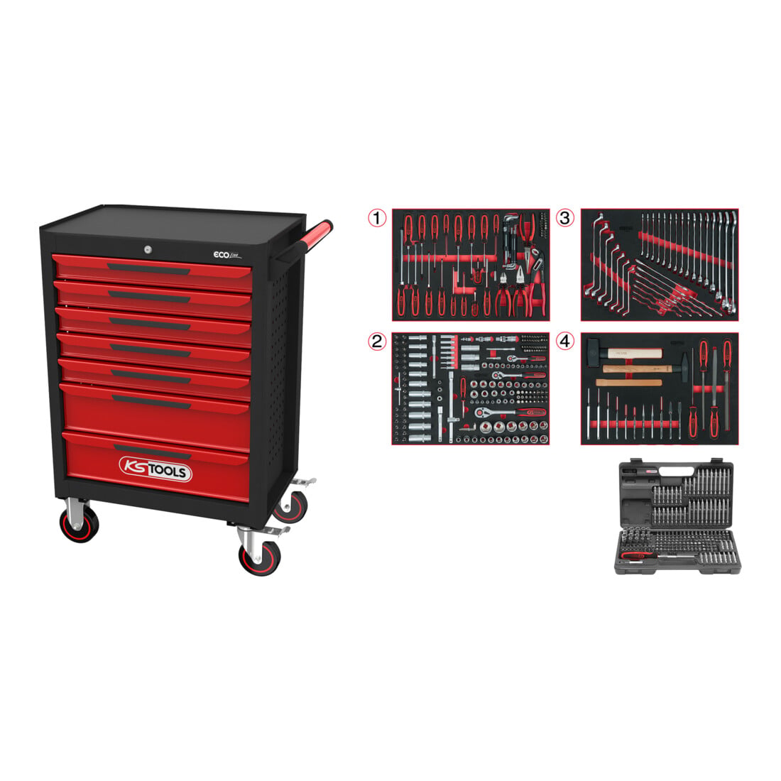 Servante d'atelier ECOline KS Tools NOIR/ROUGE avec 7 tiroirs et 515 outils d'excellente qualité