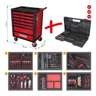 Servante d'atelier RACINGline, NOIR/ROUGE, 7 tiroirs, 598 outils KS Tools