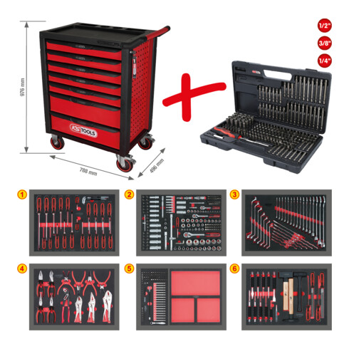 Servante d'atelier RACINGline, NOIR/ROUGE, 7 tiroirs, 598 outils KS Tools