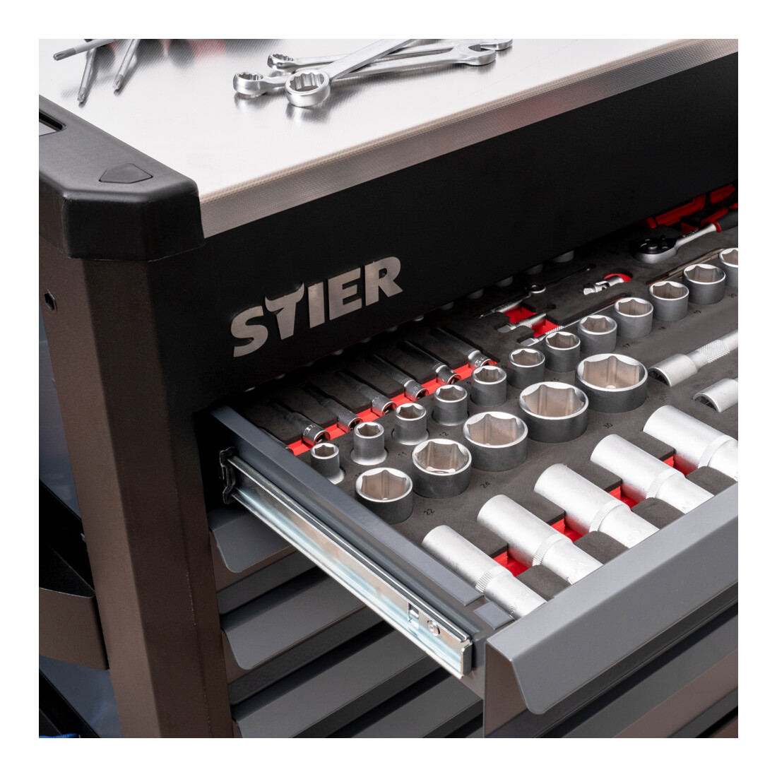 Servante d'atelier STIER Premium avec plan de travail en acier inoxydable
