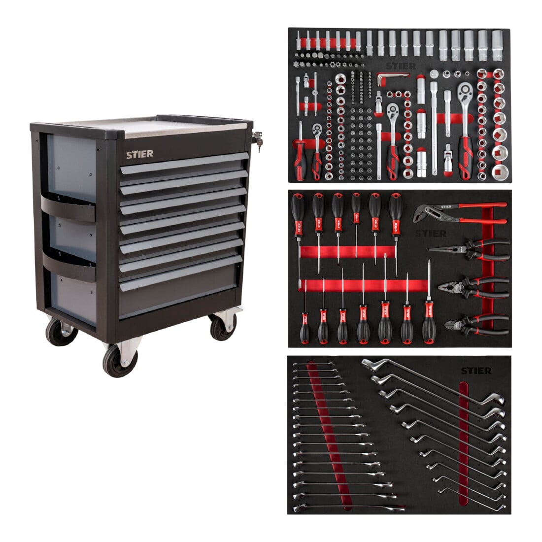 Servante d'atelier STIER Premium avec plan de travail en acier inoxydable, garnie, 223 pièces