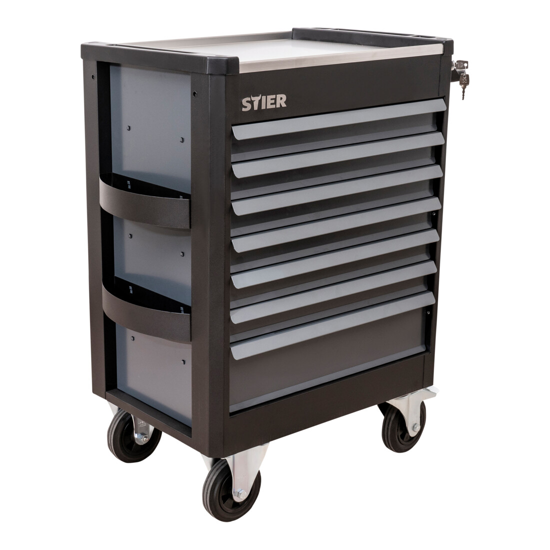 Servante d'atelier STIER Premium avec plan de travail en acier inoxydable, garnie, 223 pièces