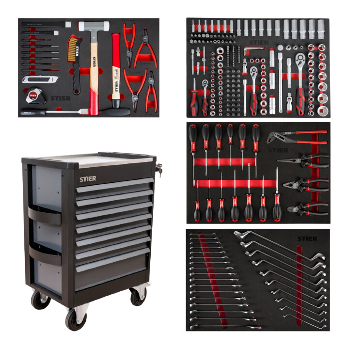 Set STIER Servante d’atelier Premium avec surface de travail en acier inoxydable équipée 241 pièces + set de compartiments pour tiroirs + compartiment insérable pour tiroirs